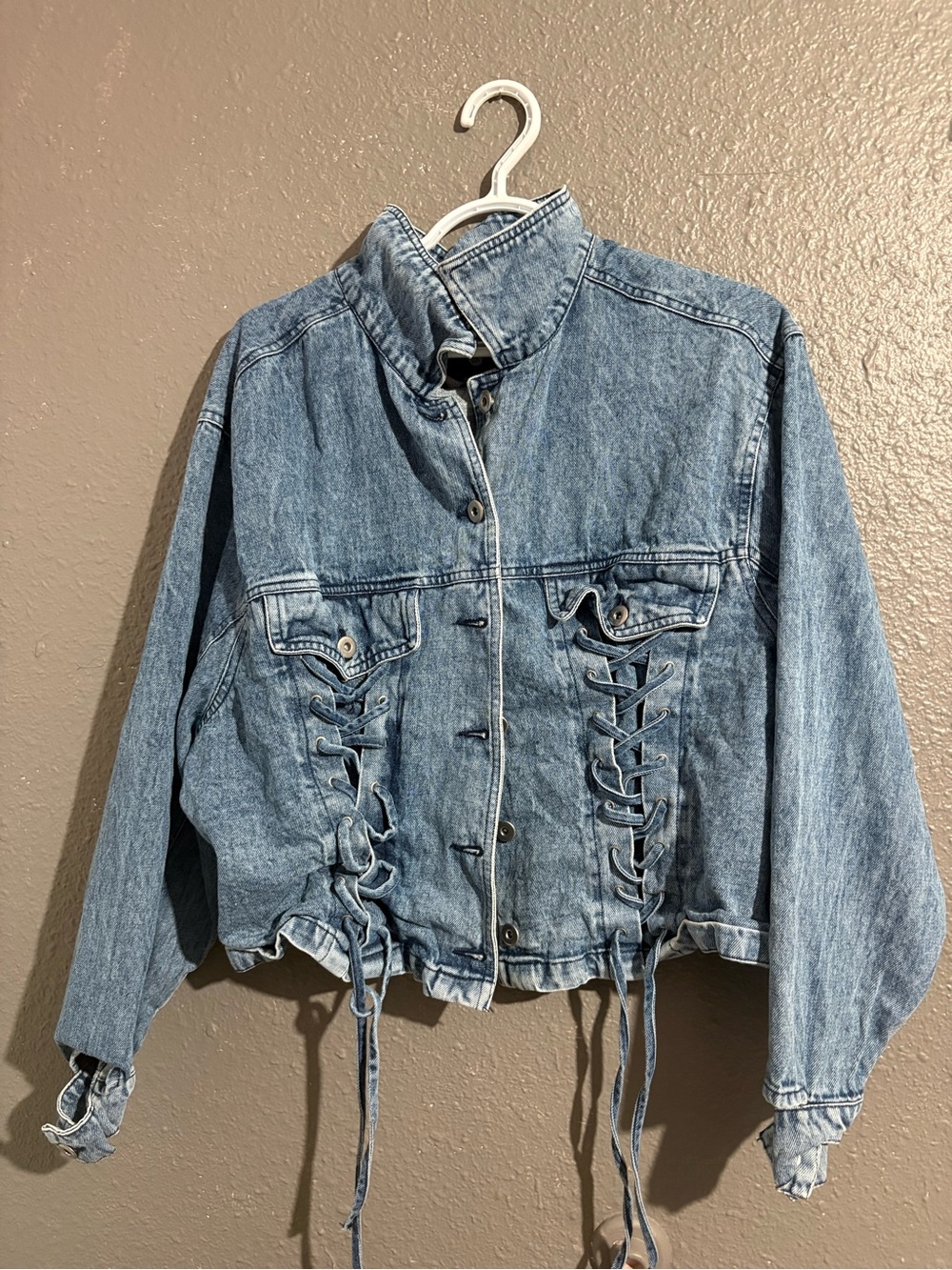 indulge Washed Light Blue Lace-Up Denim Jacket